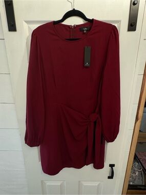 Lulu's Wine-Red Long Sleeve Tie-Waist Dress
